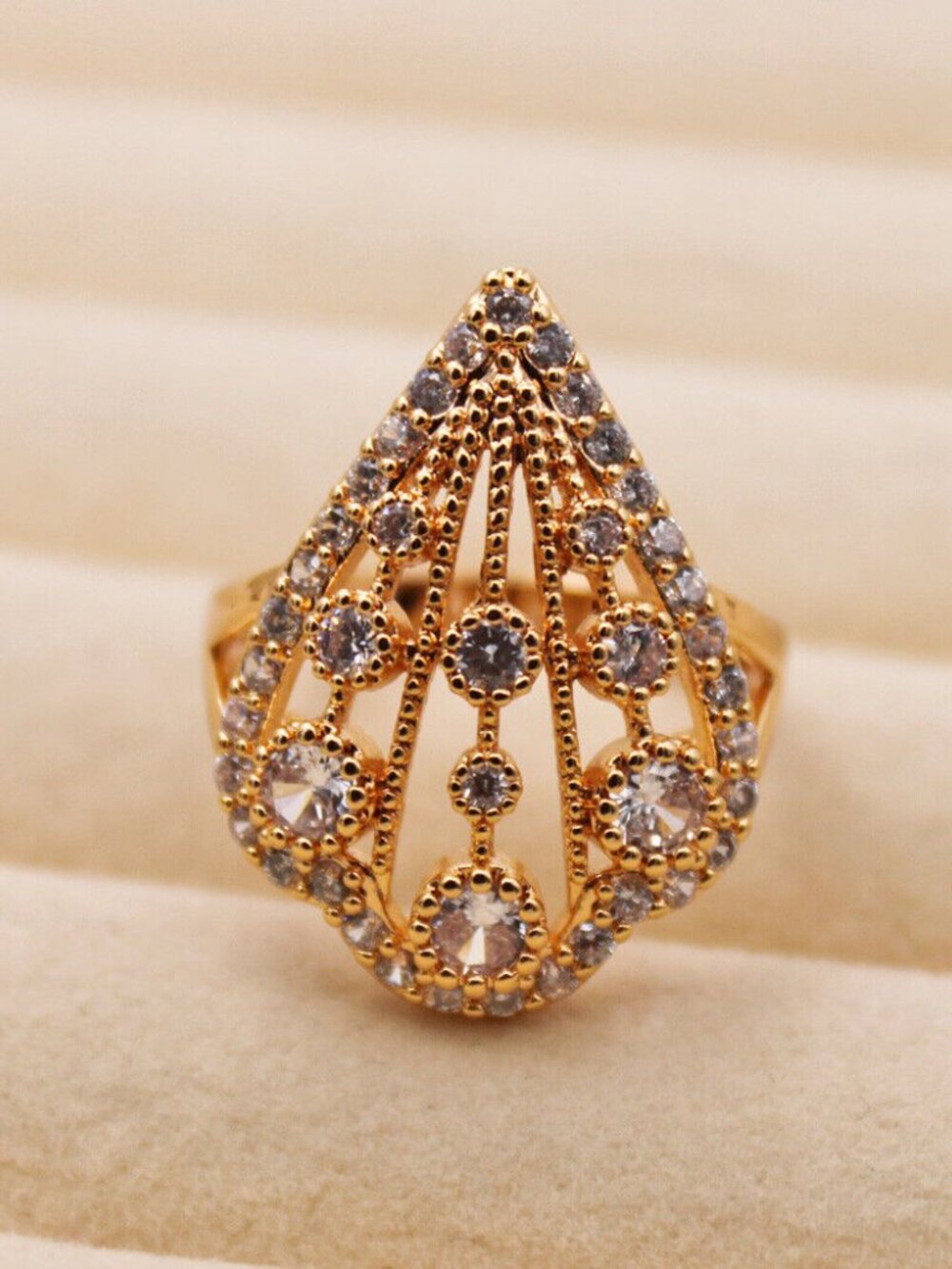 18K Yellow Gold Filled Filigree Teardrop White Diamond Zircon Ring Gorgeous Gift - Picture 4 of 4